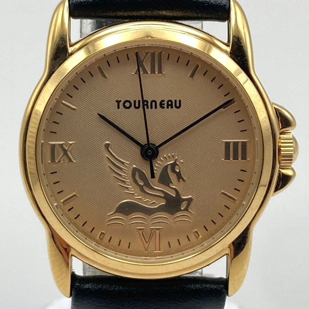Tourneau Pegasus Watch Women 30mm Gold Tone Black Leather 30M New Battery 8.25